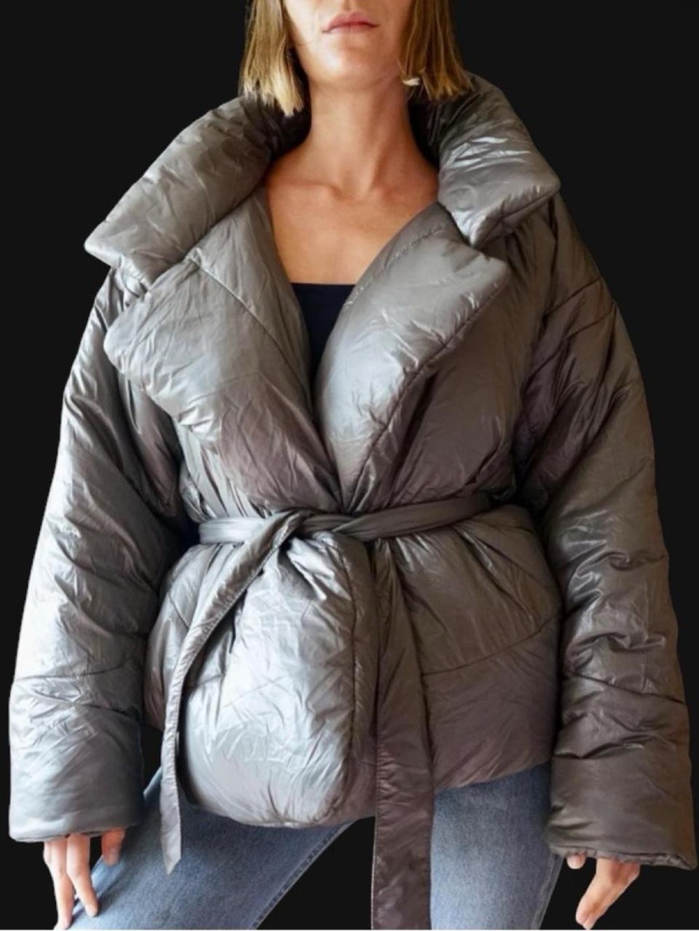 Norma Kamali sleeping bag coat
Oversized Belted Puffer Jacket in Gunmetal Gray